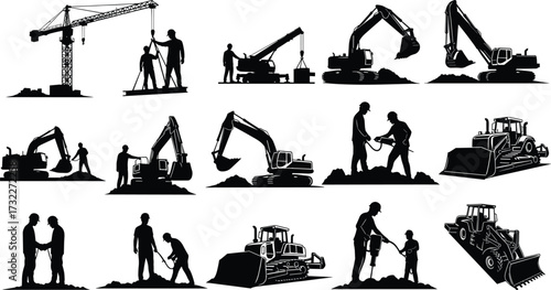 Construction workers, heavy machinery, tower crane, bulldozer, excavator, teamwork, engineering project, site planning, building industry, construction equipment, collaboration, labor