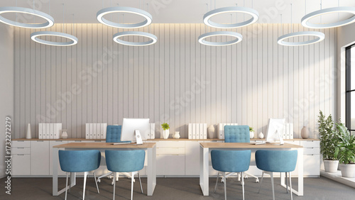 Modern minimalist office room with desk and chair, white slat wall and built-in cabinet, The floor is covered with black carpet. 3d rendering