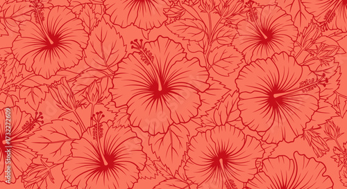 Floral wallpaper with hibiscus flowers, leaves, and buds in a monochrome red/pink color palette