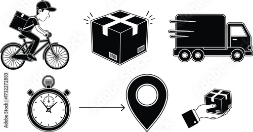 Delivery logistics icons set, bike courier, package box, delivery truck, stopwatch timer, location pin tracking, hand holding parcel, shipping symbols