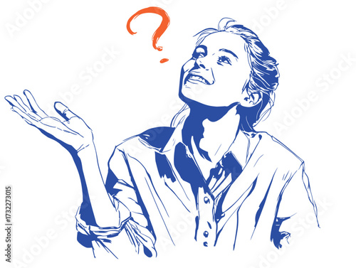 A woman is smiling and looking upward while raising her hand in a questioning gesture. She appears curious and engaged, exuding a sense of wonder and excitement.