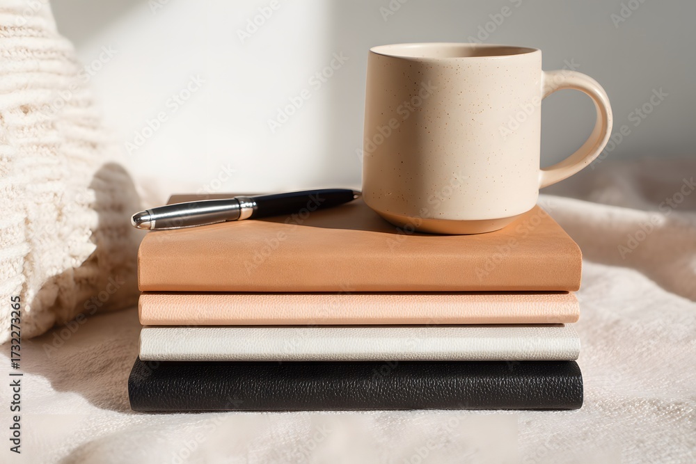 Fototapeta premium Aesthetic composition featuring stacked journals, a fountain pen, and a ceramic mug