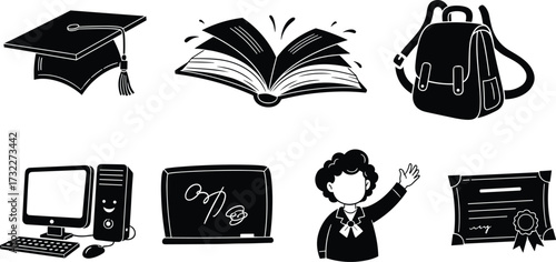 Education icons set with graduation cap, book, backpack, computer, chalkboard, student, and diploma representing learning, knowledge, school, and achievement