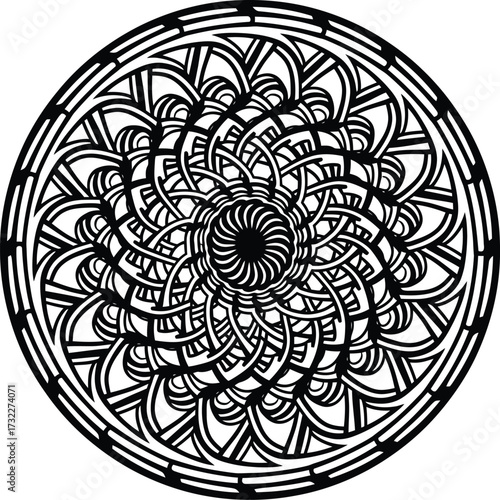 Vector spiral swirl mandala ornament inspired by Aomori Tsugaru lacquer style, symbolizing eternal harmony and energy flow, decorative seamless circular pattern for textile and wallpaper