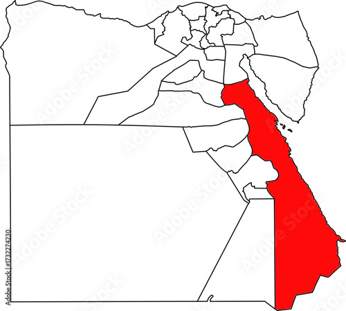Detailed vector map of Egypt highlighting the Red Sea Governorate (Al Bahr al Ahmar), a major international tourism and resort area on the Red Sea coast.

