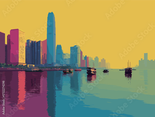 A bright and colorful skyline showcases tall buildings reflecting in calm water. Boats float peacefully as the warm colors of sunset fill the sky and water.