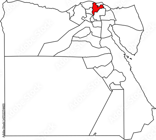 Detailed vector map of Egypt highlighting the Dakahlia Governorate (Ad Daqahliyah), a major agricultural and educational center in the Nile Delta.

