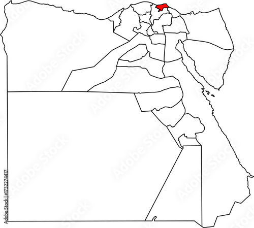 Detailed vector map of Egypt highlighting the Damietta Governorate (Dumyat), a key port and industrial region in the Nile Delta.

