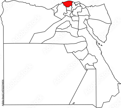 Detailed vector map of Egypt highlighting Kafr El Sheikh Governorate (Kafr ash Shaykh), a vital agricultural region in the Nile Delta.

