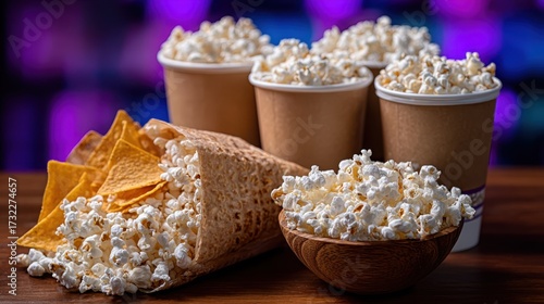 scattered popcorn and two buckets of nachos, next to the video camera and take to stop and continue shooting