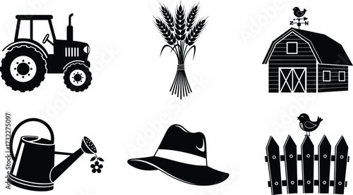 Farming rural life icons set, tractor, wheat bundle, barn with weather vane, watering can plant, sun hat, wooden fence agriculture symbols