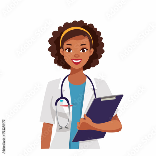 Smiling African American Female Doctor Holding Clipboard With Stethoscope