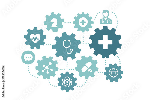 Healthcare system metaphor. Medical technology gears concept. Global health network. Medicine, research, strategy, and communication icons. Health management and innovation vector.