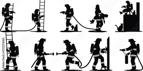 Firefighter silhouette icons, rescue operation vector, fire safety illustration, emergency response artwork, hose and extinguisher design, black and white concept