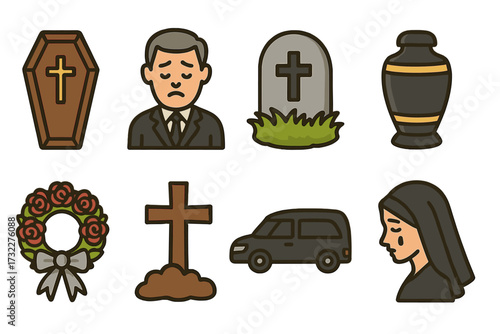 Funeral and burial icon set. Vector illustration of death, mourning, and grief symbols. Coffin, tombstone, urn, hearse, and sad people. Cemetery and memorial ceremony concepts.