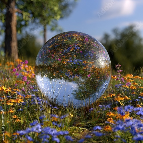 A transparent sphere reflects the field, flowers, and sky. Grass and flowers surround it, a sunny day