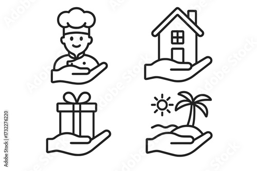 Hand holding services line icon bundle. Chef, house, gift, and vacation signs. Vector outline symbols for real estate, food industry, travel agency and loyalty program concepts.