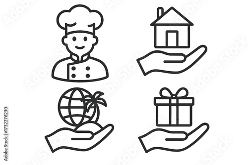 Line icon set services. Chef food, home real estate, world travel, gift present in hand. Pictogram collection for web design, apps, UI. Offer, care, support concept.