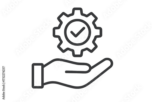 Hand holding gear with checkmark icon. Quality control, service implementation, and approval process concept. Technical support, efficiency, and complete solution symbol.