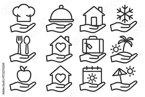 Hospitality and travel services line icon set. Hand offering chef, house, food, vacation symbols. Concepts for hotel, real estate, restaurant, rental, booking, care, insurance. Vector.