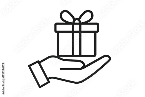 Hand holding gift box line icon. Concept of giving a present, surprise, reward, or bonus. Symbol for charity, donation, loyalty program, or special offer. Vector illustration.
