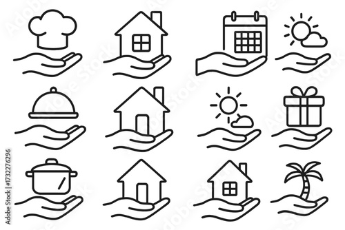 Hand holding icon set. Outline collection for services like cooking, real estate, hospitality, vacation booking, gifts. Vector line pictograms for web, app, ui, ux design.