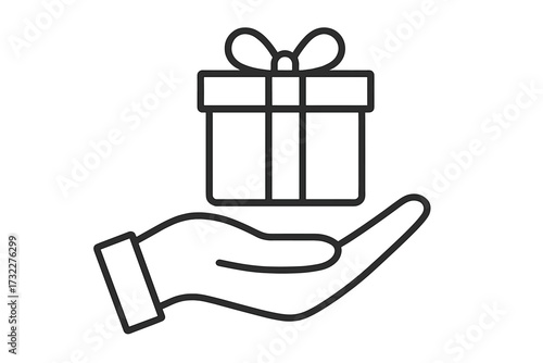 Hand holding gift box icon. Giving a present concept for birthday, christmas or anniversary. Symbol of charity, donation, support, bonus or loyalty program reward. Line art vector.