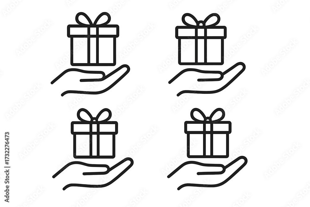 Naklejka premium Gift in hand icon set. Concept of giving, receiving a present. Charity, donation, support pictogram. Surprise, birthday, celebration. Loyalty program bonus vector line art.