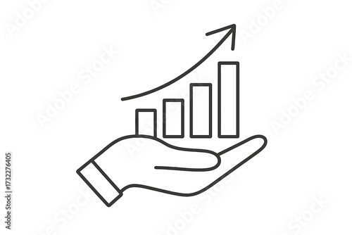 Hand holding growing bar graph. Business success and financial growth concept. Profit increase chart. Data analysis and investment symbol for web. Progress development vector icon.