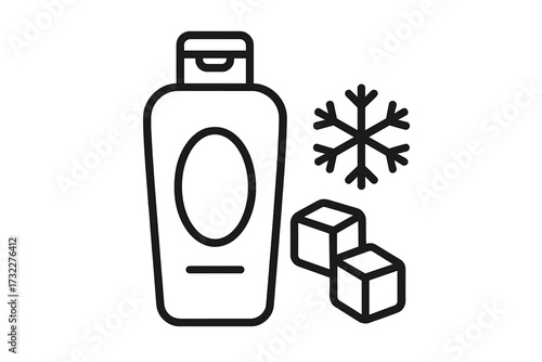 Cooling hair conditioner line icon. Shampoo bottle with ice cubes and snowflake. Winter hair care concept. Fresh menthol cosmetic product linear symbol. Vector illustration.