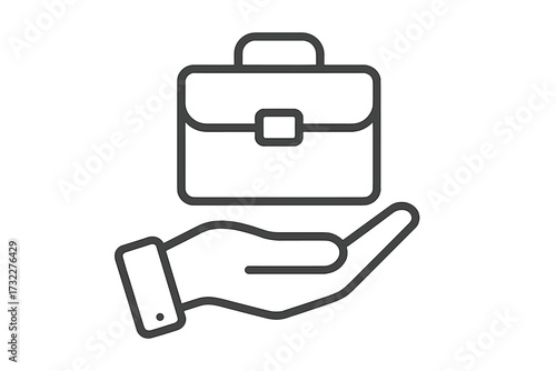 Hand holding briefcase icon. Business portfolio symbol. Career, job, and work concept. Line art for web and graphic design. Professional service and support pictogram.