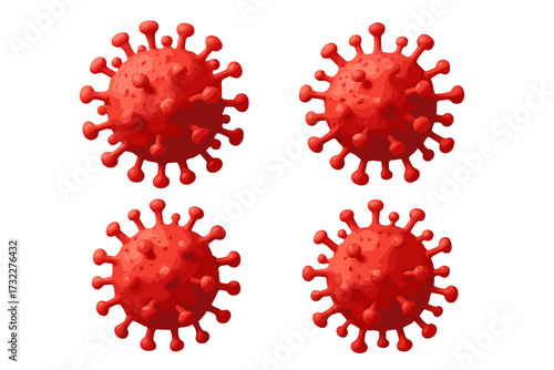 Set of red coronavirus 3D models isolated on white. COVID-19 virus cell concept for pandemic, outbreak, medical, healthcare, infectious disease, virology, and epidemiology.