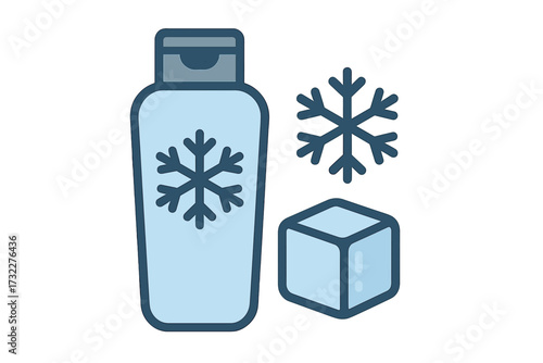 Cooling conditioner or shampoo bottle with ice cube and snowflake. Fresh menthol hair care product. Frosty winter hygiene concept. Cold cosmetic treatment vector illustration.