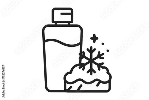 Cooling conditioner icon. Winter hair care product. Shampoo bottle with snowflake and ice. Menthol fresh effect concept. Minimal line art vector symbol for cosmetics packaging.