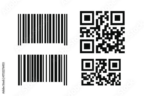 Barcode and QR code vector set. Universal Product Code for scanning product information and price. Digital matrix for mobile marketing and identification. Scan me icon.