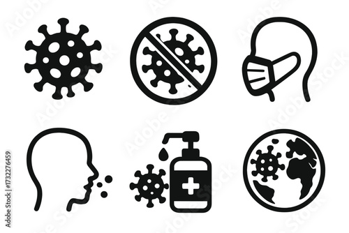 Coronavirus COVID-19 icons set. Pandemic prevention symbols. Virus, stop sign, face mask, cough, hand sanitizer and global outbreak icons. Medical healthcare vector graphic element.