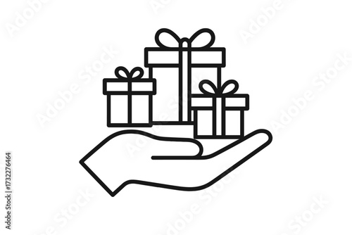 Hand holding gift boxes icon. Giving a present. Bonus or reward for a client. Loyalty program symbol. Charity, donation concept. Vector line illustration for web and apps.