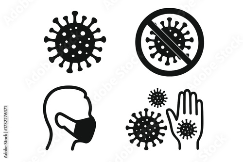 Coronavirus COVID-19 icon set. Pandemic prevention symbols. Stop virus sign, face mask, hand hygiene. Health care vector illustration for outbreak and medical awareness.