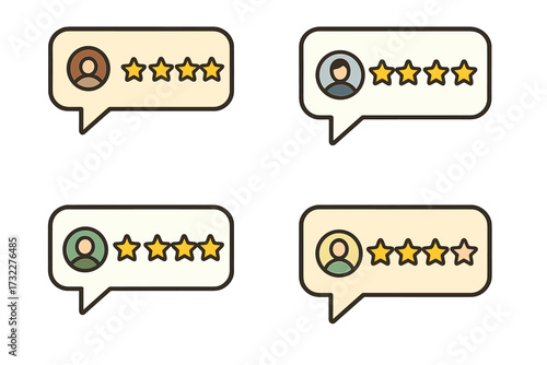 Customer review rating set. Speech bubble with stars for feedback, online reviews, and client testimonials. User experience and satisfaction concept. Five-star quality survey vector.