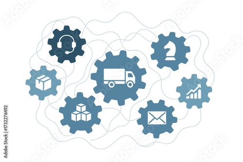 Delivery mechanism and logistics concept. Abstract vector with connected gears and icons for service, shipping, distribution, transport, strategy, e-commerce, and communication.