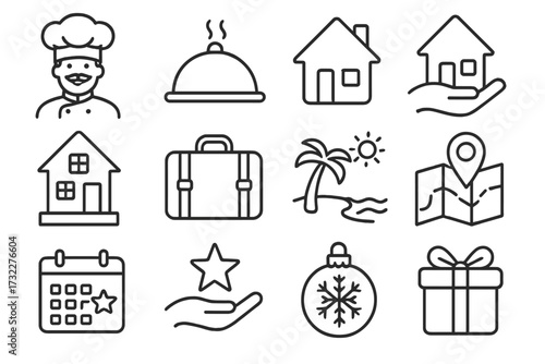 Hospitality, travel, holiday, real estate line icon set. Chef, food service, home insurance, vacation, event, Christmas gift, rating vector symbols. Outline pictogram collection.