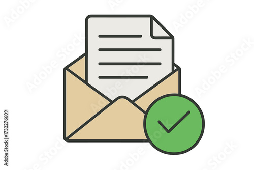 Mail with green check mark icon. Approved document in envelope. Concept of successful message delivery, email confirmation, verification complete, and positive notification.