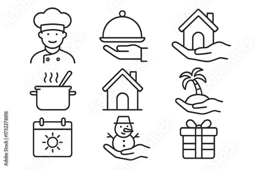 Universal icons set for business and life. Line art concepts for food delivery, real estate, home insurance, travel agency, holidays. Chef, gift, house, vacation symbols.