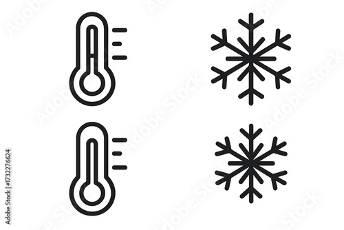 Weather forecast line icon set with thermometer and snowflake. Temperature, cold, winter, freeze, climate signs. Vector illustration for graphic design, web, app, ui, ux.