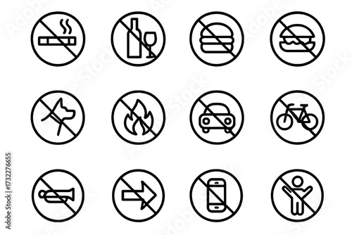 Prohibition signs icon set. Forbidden outline symbol collection. No smoking, food, alcohol, dogs, pets, fire, cars, phone. Vector line icons for web, UI, UX design.