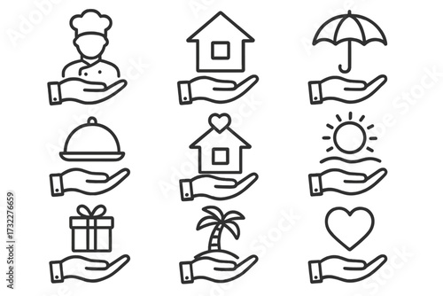 Hand offering services icon set. Thin line icons for care, support, and benefits. Real estate, insurance, food, travel, and love concepts. Vector signs for web and apps.