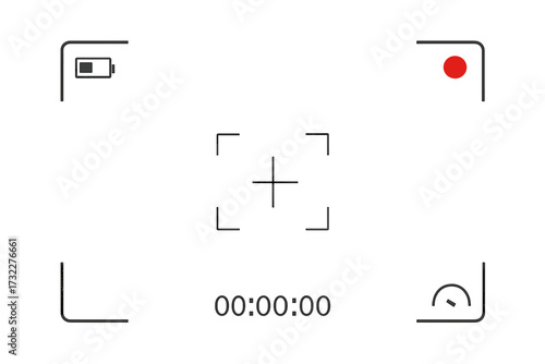 Camera frame viewfinder screen. Video recorder digital display with recording data. Photo camera transparent overlay. Vector UI for focus, timer and battery status symbol.