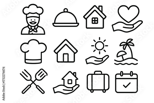 Hospitality and travel line icon set. Real estate, food, and booking symbols. Chef, house, luggage, and care icons for web and app design. Vector outline graphic elements pack.