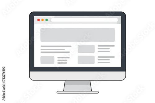 Computer monitor with browser window screen. Website page wireframe layout. Web design UI UX template mockup. Modern flat vector illustration. Desktop display, internet technology.