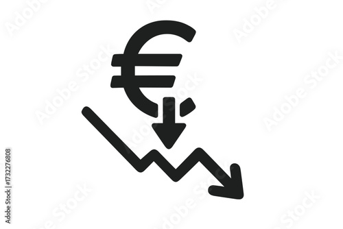 Euro cost reduction icon. Financial crisis concept with falling arrow and graph. Price decrease, budget cut, economic recession symbol. Devaluation, money loss vector.